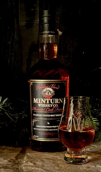 Minturn Holiday Blend bottle with glencairn glass